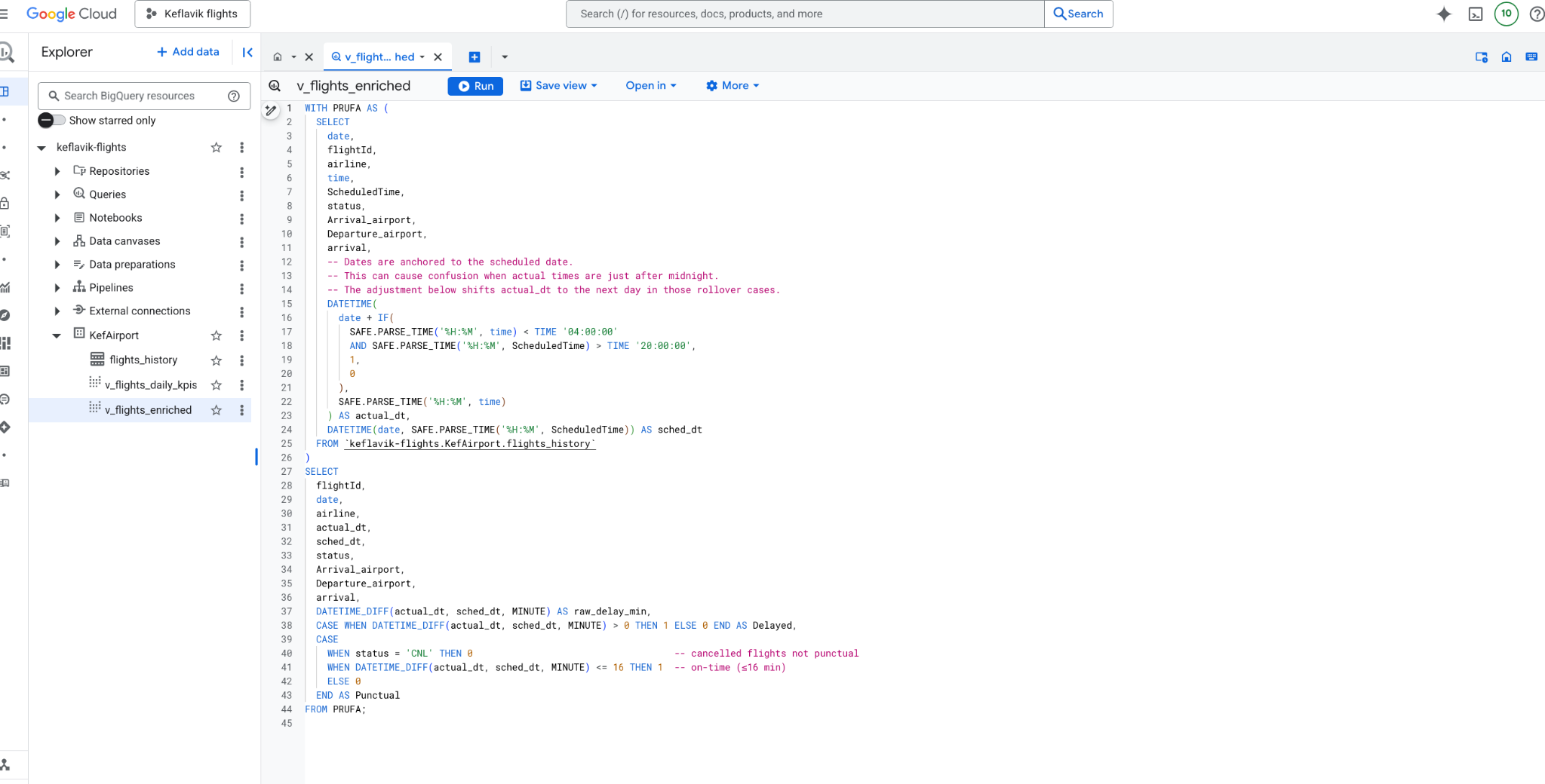 BigQuery view for KEF flights enriched KPIs